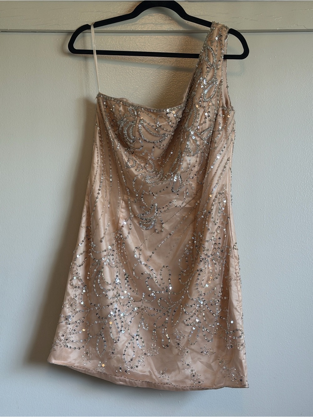 Vintage Famory Beaded One-Shoulder Cocktail Dress in Blush